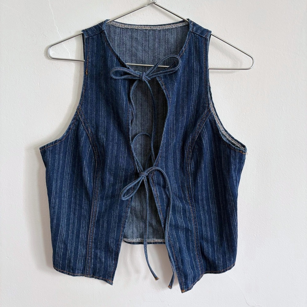 Missguided Denim Vest Women Medium Blue Good Striped Front Tie Cropped Vest